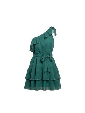 Showpo Womens Green One-Shoulder Tiered Mini Dress Ruffled & Belted Size 12